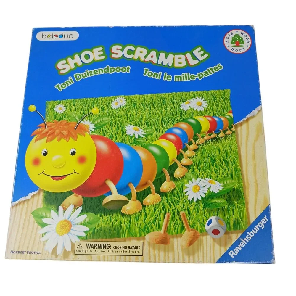 Vtg Shoe Scramble Game Ravensburger Lg Wood Gameboard & Pieces Toni Centipede